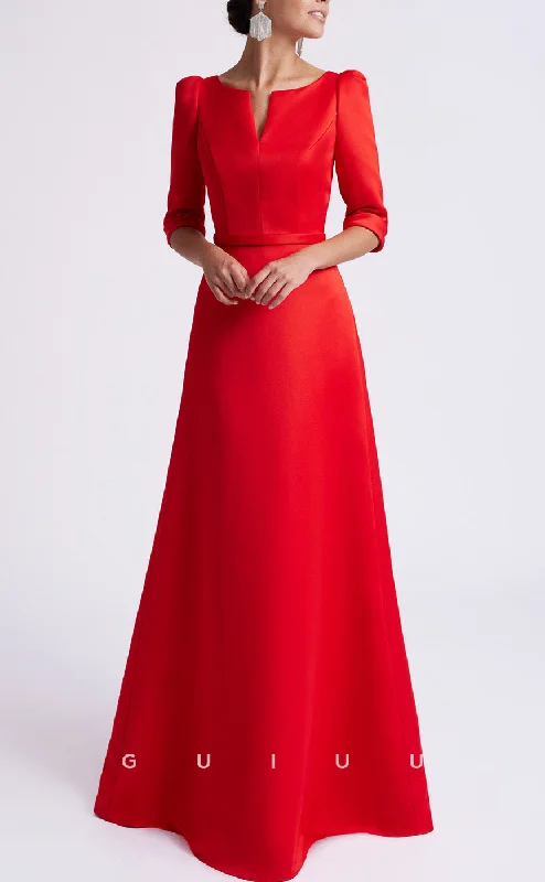 Cocktail dress with a fitted bodice -GM287 - A-Line Scoop Neck Half Sleeves Satin Long Cocktail Dress with Train