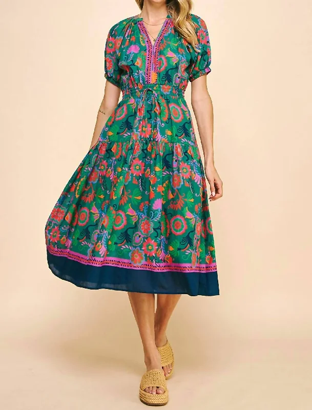 Midi Dress With Satin Finish -Floral Printed Midi Dress In Green Multi