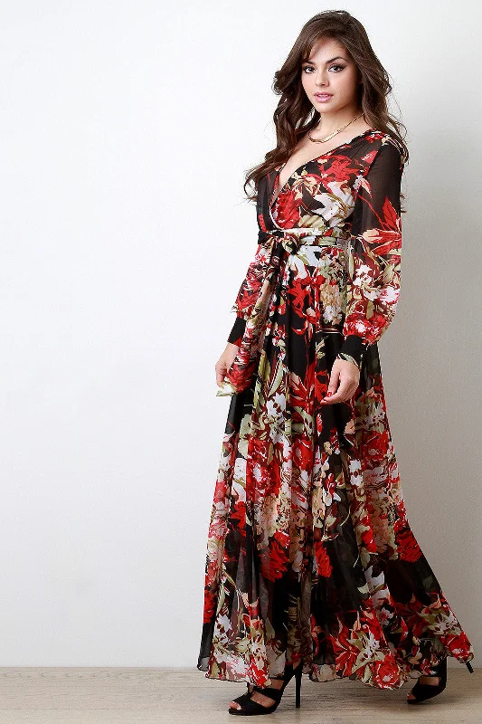 Maxi Dress With Sequins -Chiffon Floral Print Surplice Maxi Dress