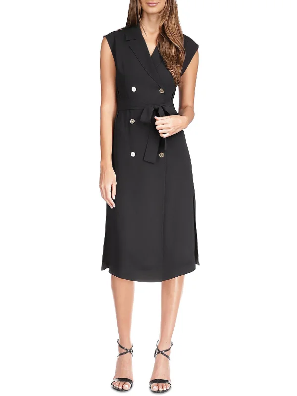 Midi Dress With Bow -Womens Double-Breasted Belted Midi Dress