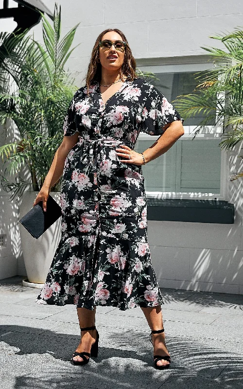 Maxi Dress For Office -Sunday Dress - Black Floral