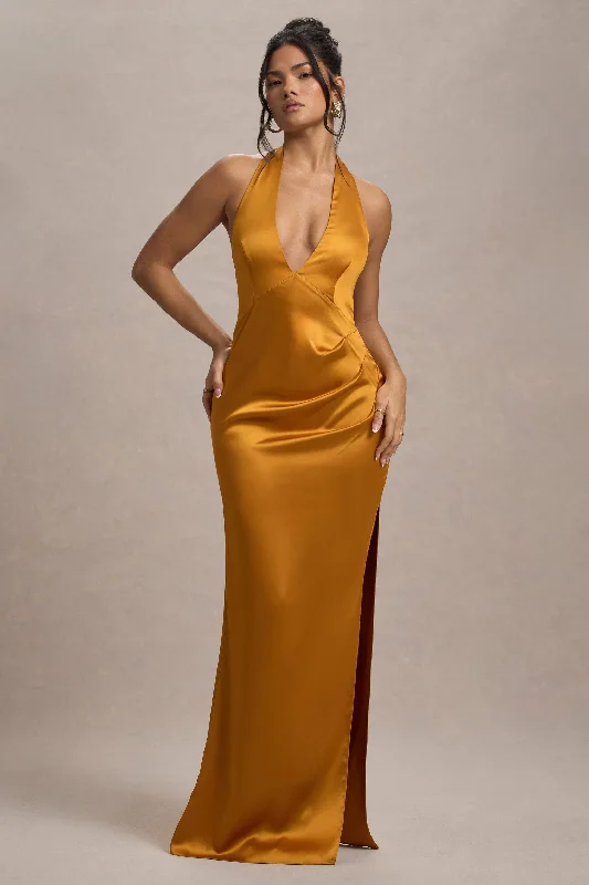 Maxi Dress For Date Night -Inferno | Mustard Satin Plunge-Neck Gathered Split Maxi Dress