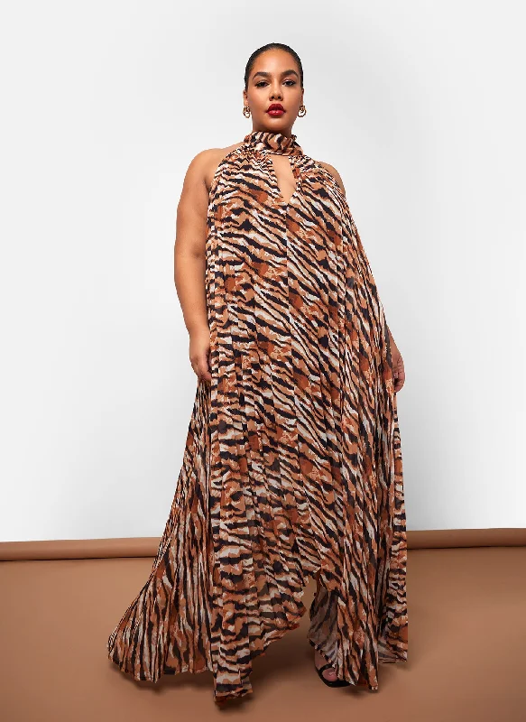 Plus Size Maxi Dress -Meryem Tiger Halter Neck Maxi Shift Dress