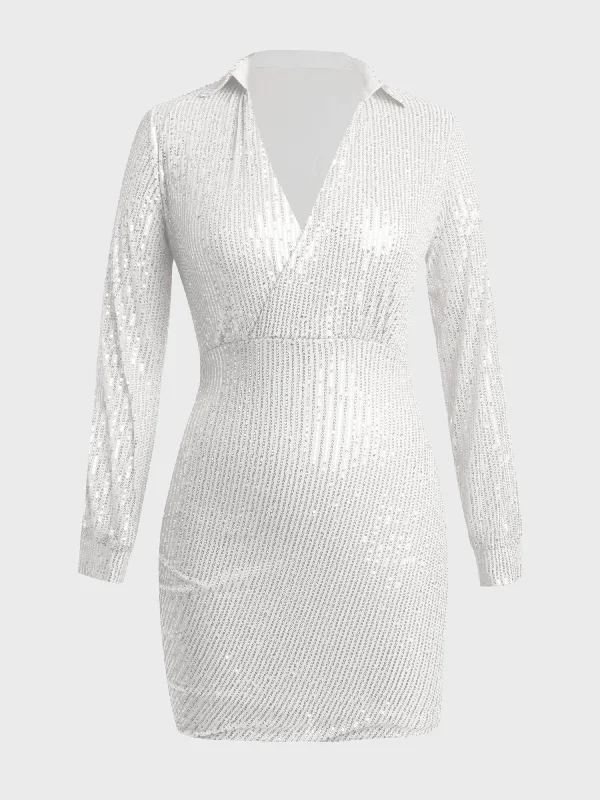 Slimming black side-slit mini dress-Deep V-Neck Long Sleeve Sequined Mini Dress (White)