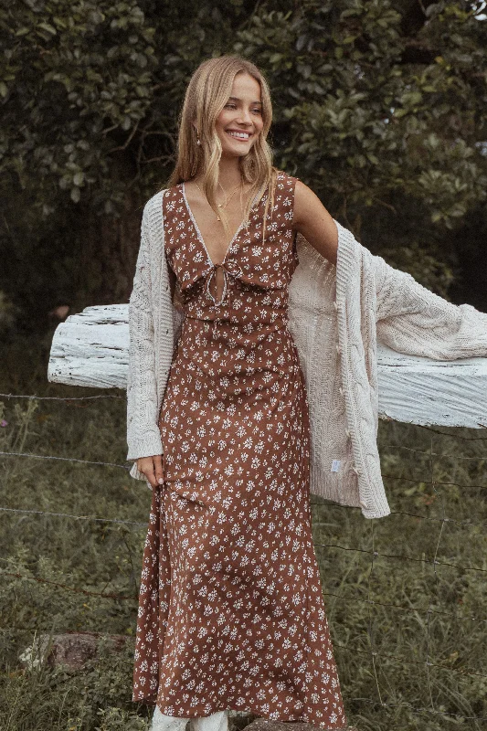 Maxi Dress For Women -Jackson Maxi Dress - Brown Ditsy Floral