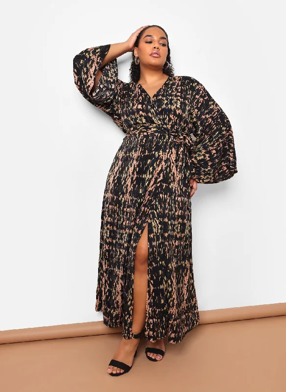 Maxi Dress With Waistband -Ria Abstract Print Maxi Wrap Dress