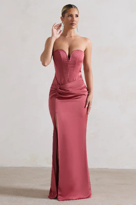 Summer Maxi Dress -Ardelle | Rose Pink Satin Corseted Wrap Maxi Dress