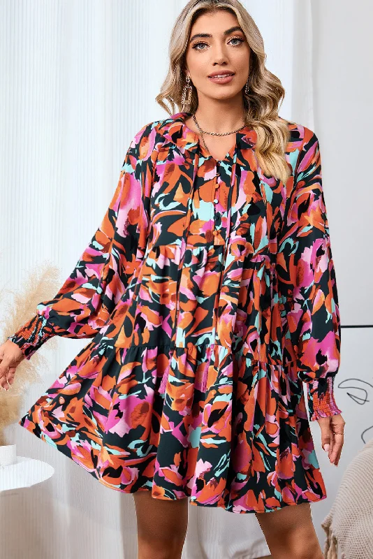 Winter fleece-lined warm short mini dress-Printed Tie Neck Lantern Sleeve Mini Dress