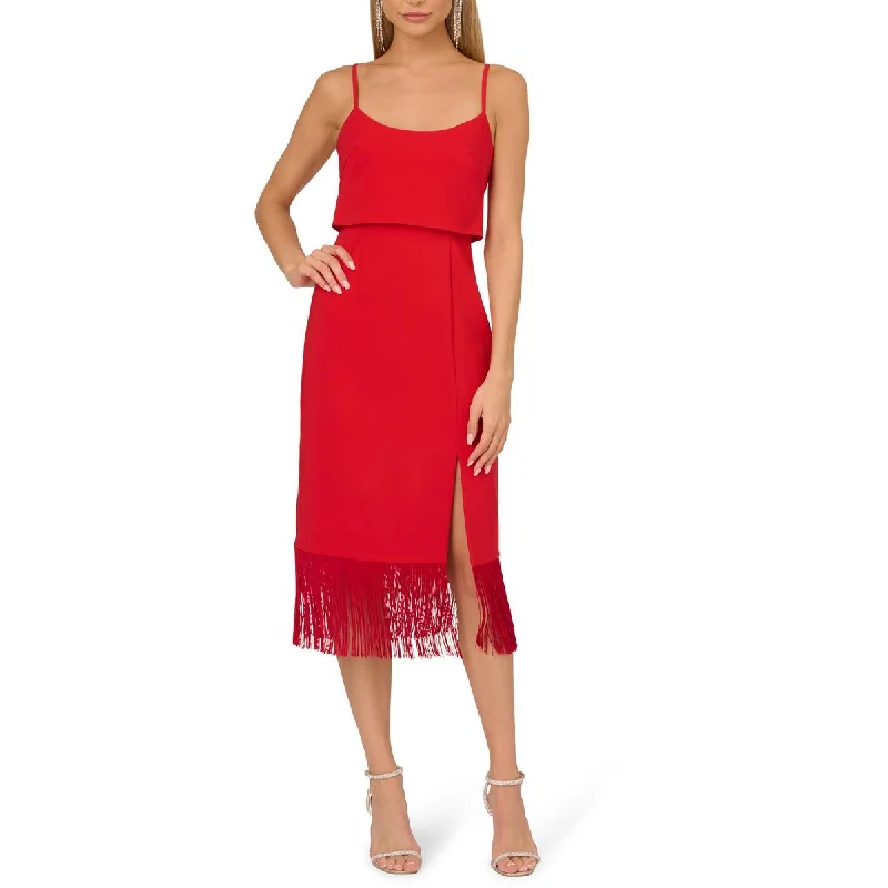 Midi Dress With Floral Embroidery -Womens Crepe Fringe Midi Dress