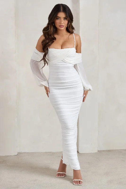 Maxi Dress For Tea Party -Announcement | White Bardot Mesh Ruched Maxi Dress