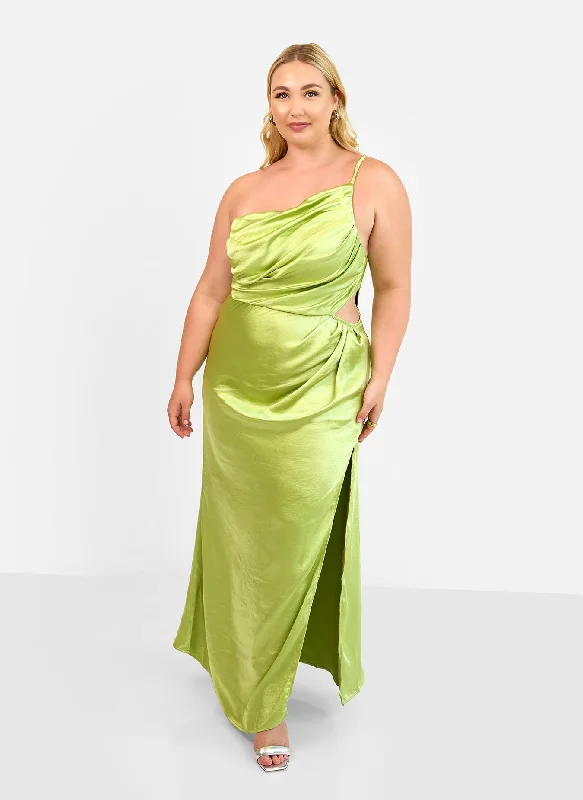 Maxi Dress For Outdoor Events -Emma Satin One Shoulder Maxi Dress - Chartreuse