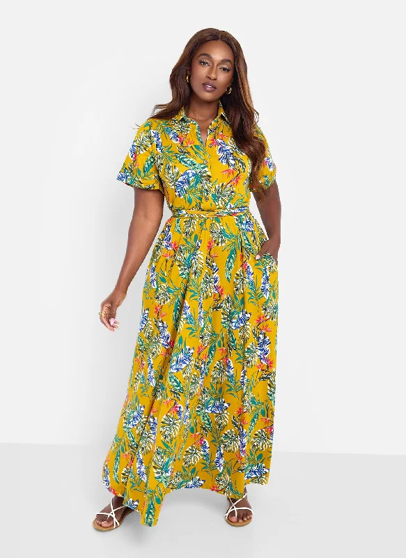 Maxi Dress With Color Block Design -Allow Me Floral Print Button Top Skater Maxi Dress - Mustard