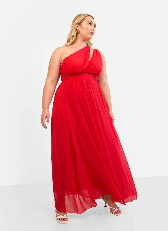 Maxi Dress With Floral Embroidery -Georgia Chiffon One Shoulder Maxi A Line Dress - Red