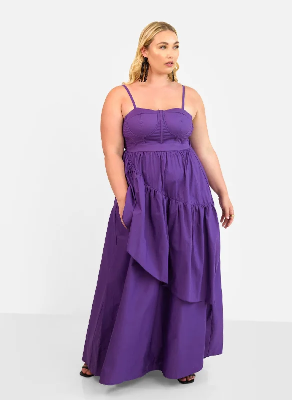 Maxi Dress For Bridesmaid -Violette Poplin Corset Ruffle Maxi A Line Dress - Plum