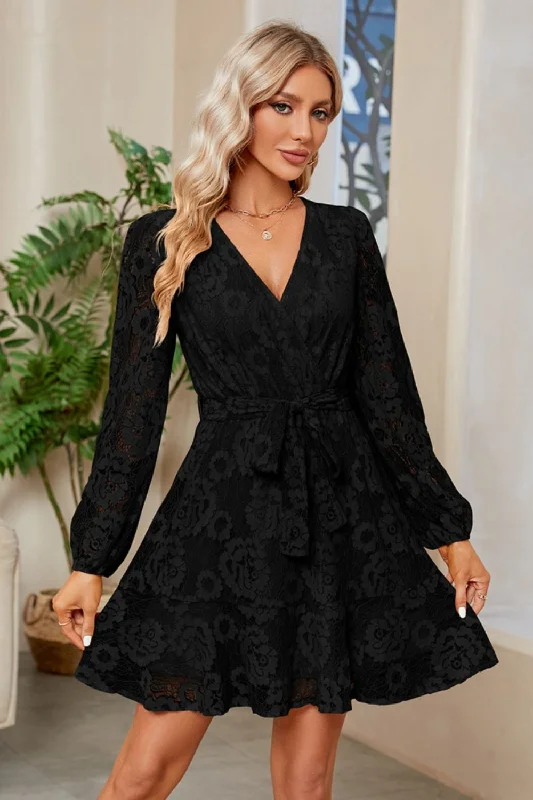 Sexy back-tie mini dress-Surplice Lace Long Sleeve Mini Dress