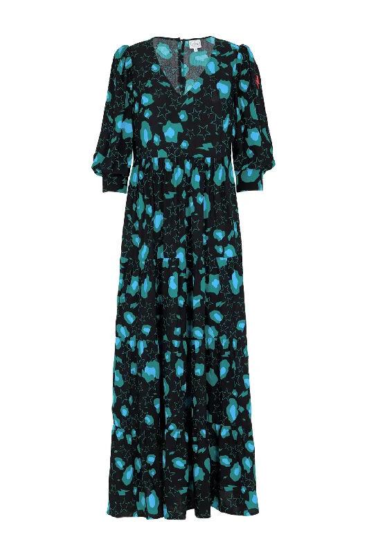 Maxi Dress For Winter -Black with Teal Snow Leopard & Star Maxi Dress