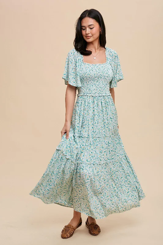 Maxi Dress With Split Front -Green Floral Smocked Tiered Maxi Dress