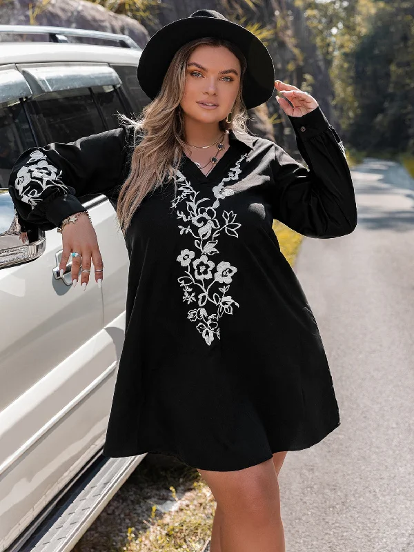 Bohemian embroidered ethnic mini dress-Plus Size Embroidered Long Sleeve Mini Dress