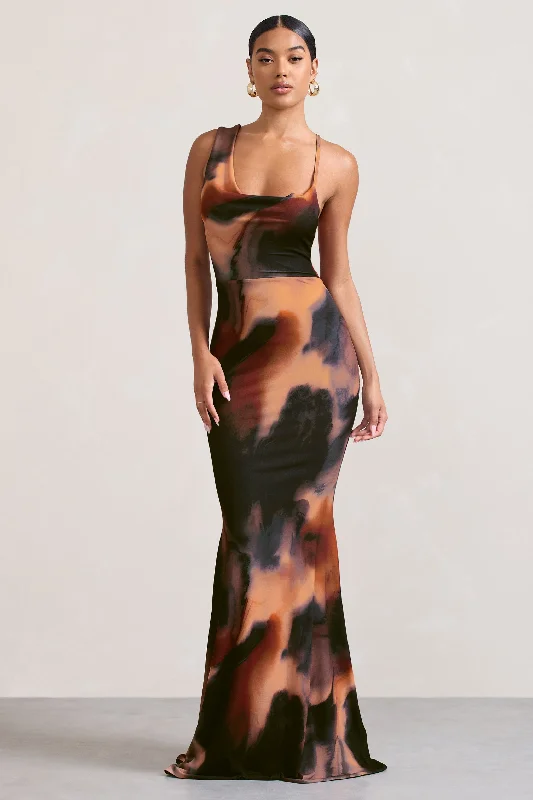 Maxi Dress With Textured Fabric -Phantasy |  Orange Smoke Print Asymmetric Neckline Cowl Maxi Dress