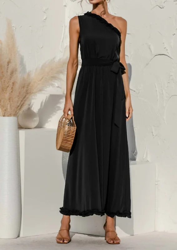 Maxi Dress For Formal Dinner -Date Night One Shoulder Maxi Dress In Black