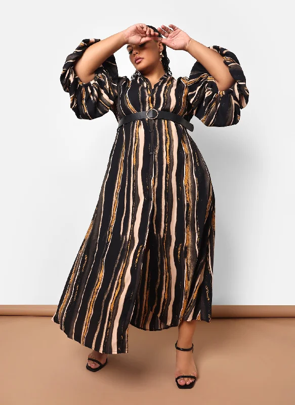 Maxi Dress With Sweetheart Neckline -Imelda Stripe Print Puff Sleeve Oversized Maxi Dress