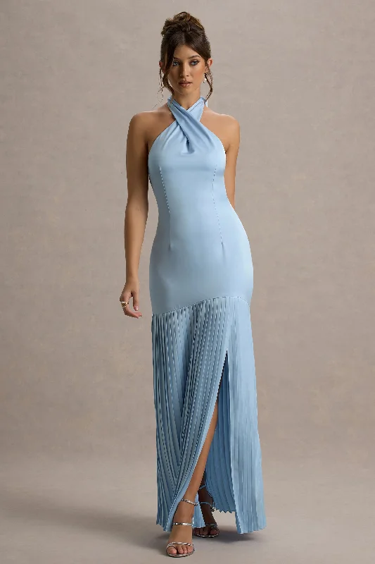 Maxi Dress With Deep Neckline -Sansa | Powder Blue Satin Cross Halter-Neck Plisse Maxi Dress