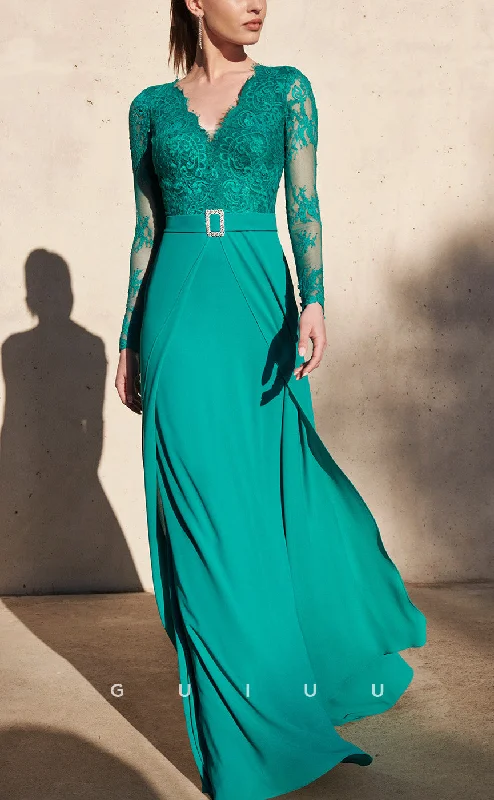 Cocktail dress for business dinner -GM269 - Sheath V Neck Long Lace Sleeves Appliques Back Zipper Long Cocktail Dress