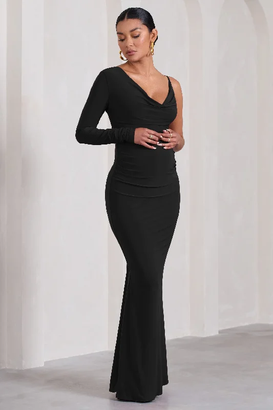 Maxi Dress With Ruffles -At Dusk | Black Maternity One-Sleeved Cowl-Neck Fishtail Maxi Dress