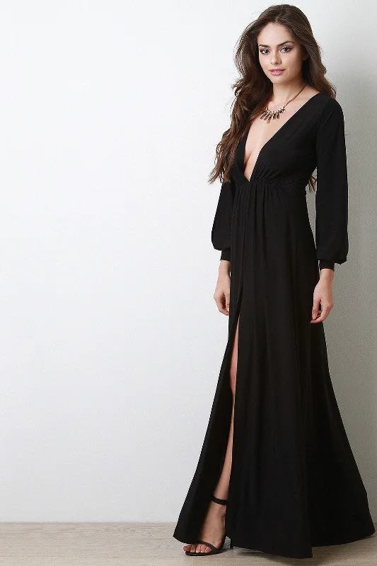 Maxi Dress For Graduation -Deep V Neck Thigh High Slit Maxi Dress