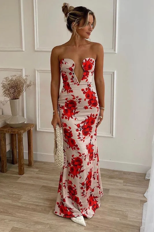 Maxi Dress For Resort Wear -Esme | Champagne Floral Print Satin Fishtail Maxi Dress