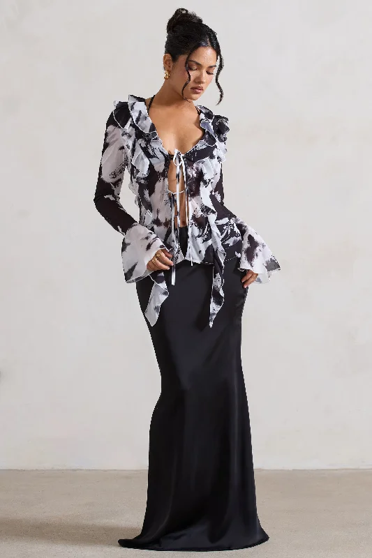 Maxi Dress For Vacation -Serita | Black Satin Split Maxi Skirt