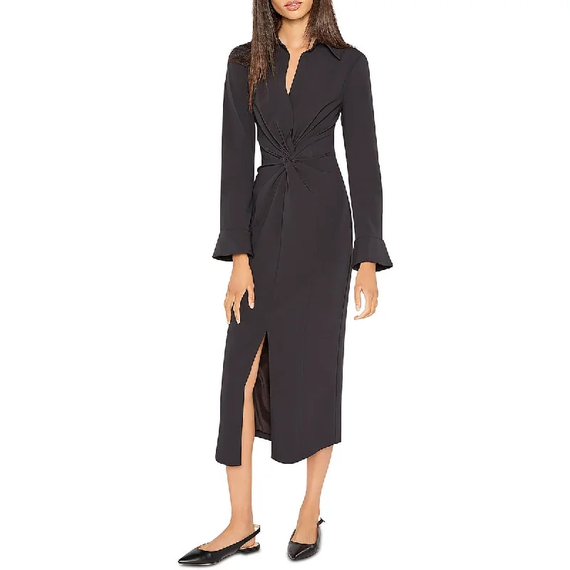 Midi Dress With Floral Applique -Womens Midi Long Sleeve Wear To Work Dress