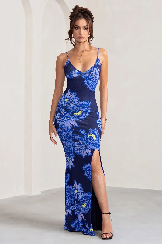 Maxi Dress With Smocking -Farah | Blue Floral Print Plunge Neck Maxi Dress With Split Detail