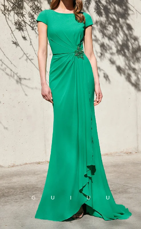 Cocktail dress with satin and velvet combo -GM268 - Sheath Scoop Neck Cap Sleeves Pleated Long Cocktail Dress