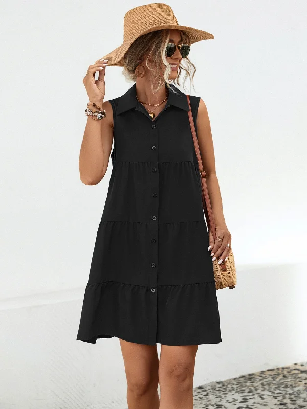 Maternity cotton belly-support mini dress-Button Up Sleeveless Mini Dress