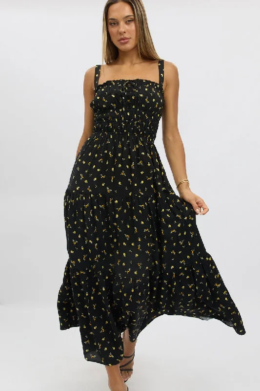 Maxi Dress With Open Back Design -Black Ditsy Maxi Dress Strappy Tiered