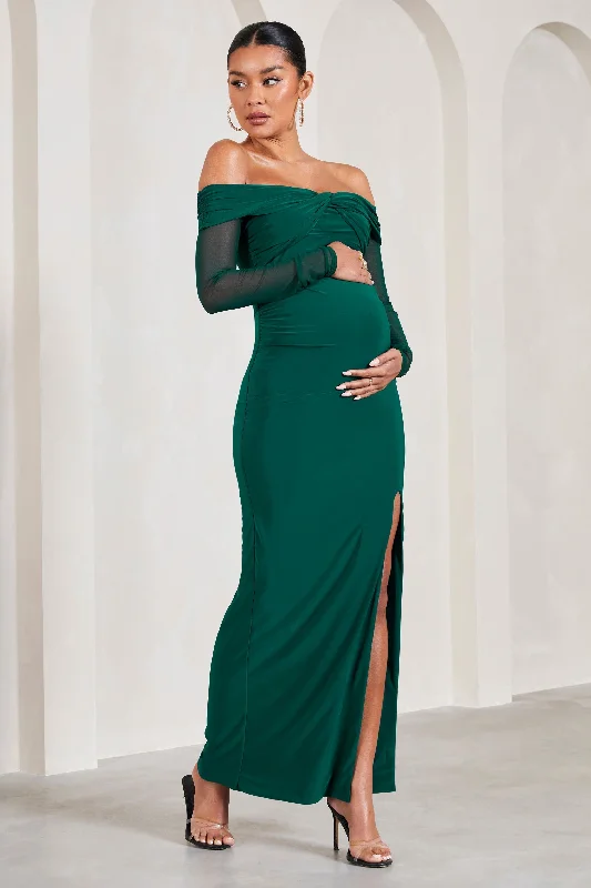 Maxi Dress For Spring -Elsie | Bottle Green Bardot Long-Sleeved Maternity Maxi Dress