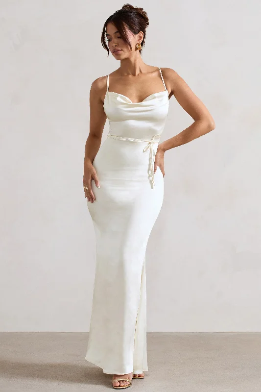 Maxi Dress For Evening Out -Lifetime | Ivory Satin Cowl Neck Maxi Dress With Cross Back Detail