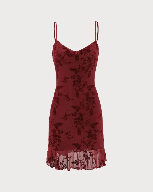 Maternity nursing-friendly mini dress-Red Floral Mesh Slip Mini Dress