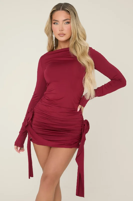 Breathable linen summer casual mini dress-Wine Rose Detail Drape Mini Dress - Sara