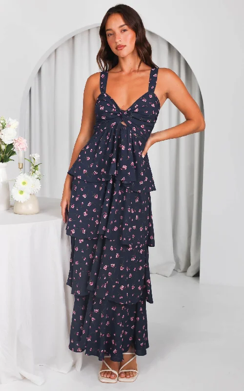 Maxi Dress With Deep Neckline -Cherika Maxi Dress - Charcoal Navy Floral