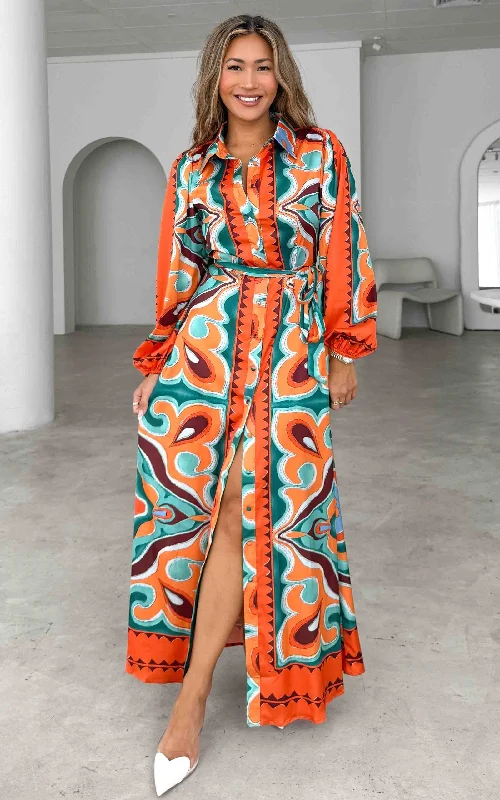 White Maxi Dress -Augustine Long Sleeve Maxi Dress -  Orange Green Multi Print