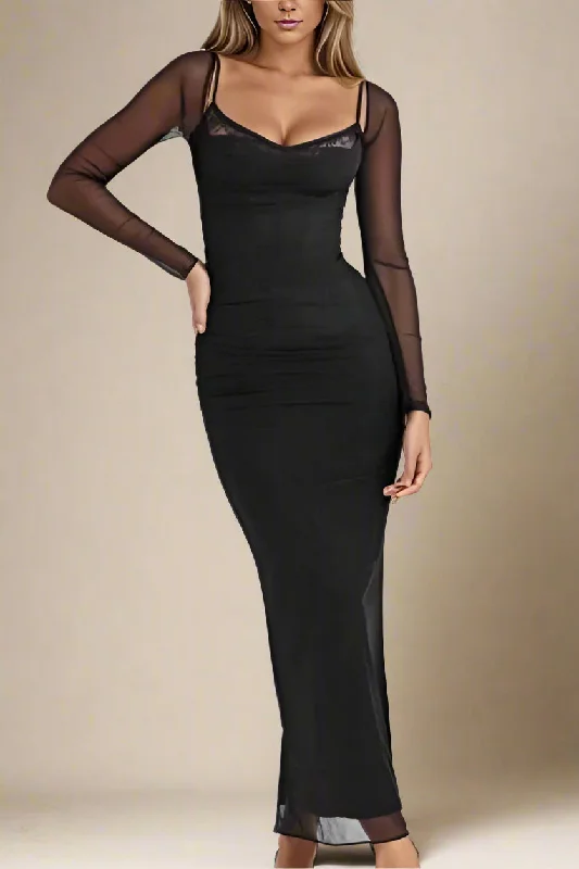 Maxi Dress With Sheer Details -Brianna Bodycon Long Sleeve Maxi Dress - Classic Black