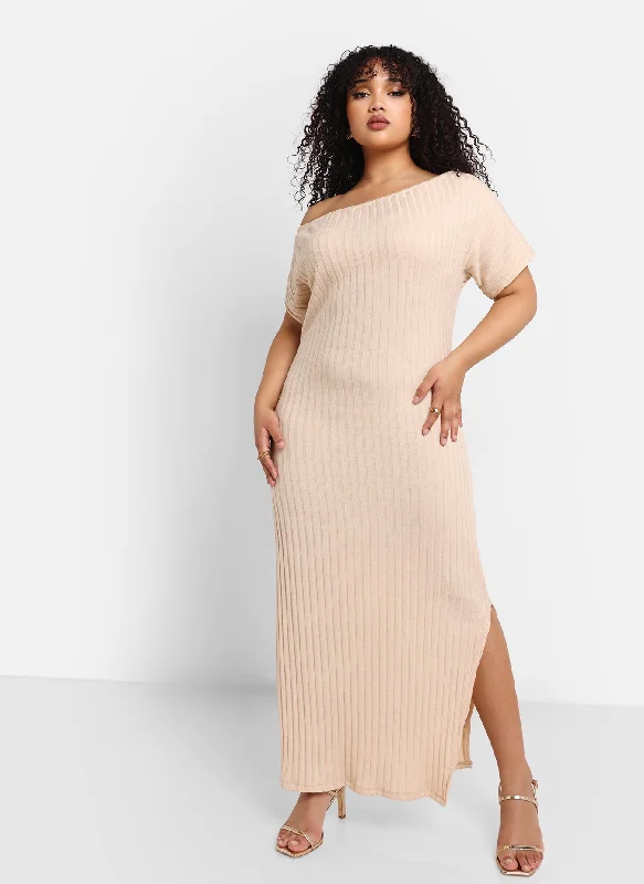 Maxi Dress With Open Back -Maci Ribbed Knit Off Shoulder Maxi Slip Dress - Ivory