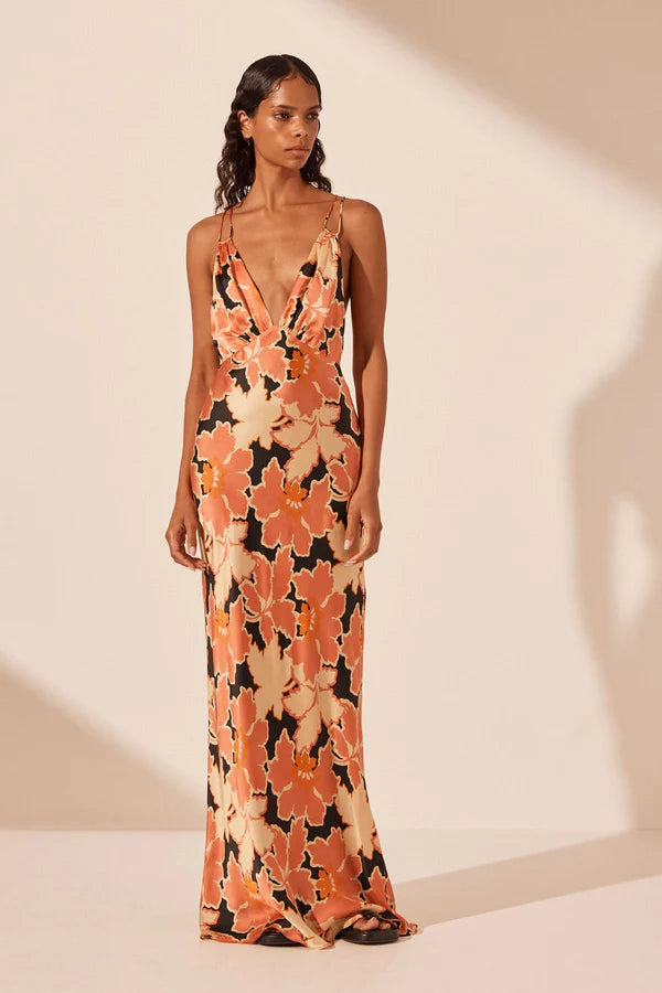 Maxi Dress With Open Back -Rosa Silk Plunged Double Strap Maxi Dress