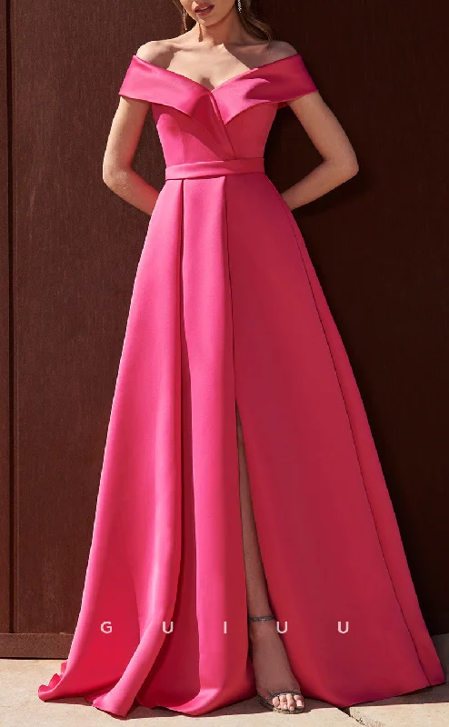 Sleeveless cocktail dress -GM293 - A-Line Off Shoulder Pleated Back Zipper Long Cocktail Dress with Slit