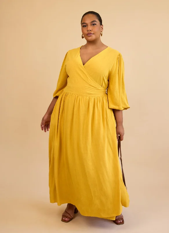 Maxi Dress With Pleated Details -Bette Linen Ballon Sleeve Maxi A Line Dress