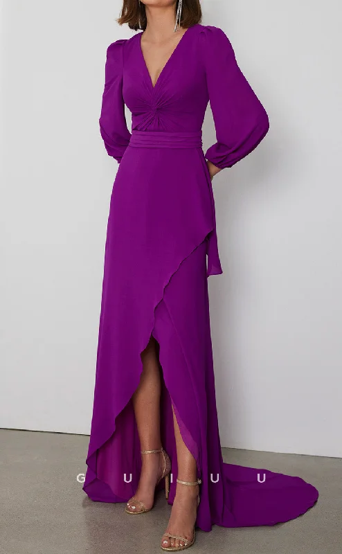 Cocktail dress with ribbon tie -GM180 - Sheath V Neck Long Sleeves Ruched  Cocktail Dress Wedding Guest Dress with Slit and Train