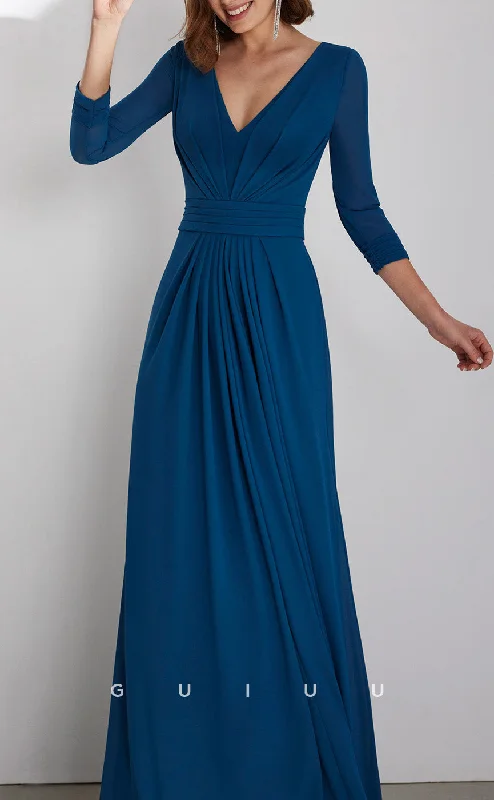 Strapless cocktail dress -GM201 -  Sheath V Neck 34 Length Sleeves Pleated Long Cocktail Dress Wedding Guest Dress with Train