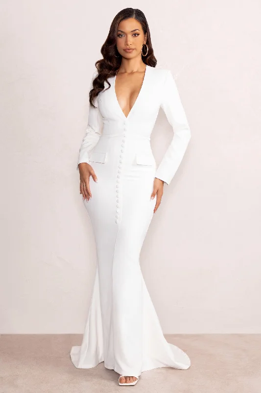 Evening Maxi Dress -Reba | White Plunge Long Sleeve Structured Maxi Dress with Front Split